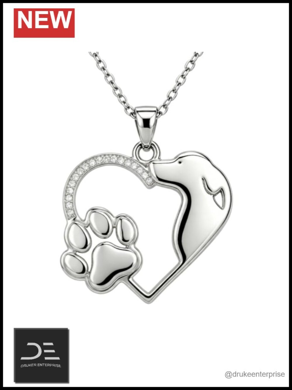 925 Sterling Silver Dog Pendant Necklace Paw Print CZ Hypoallergenic